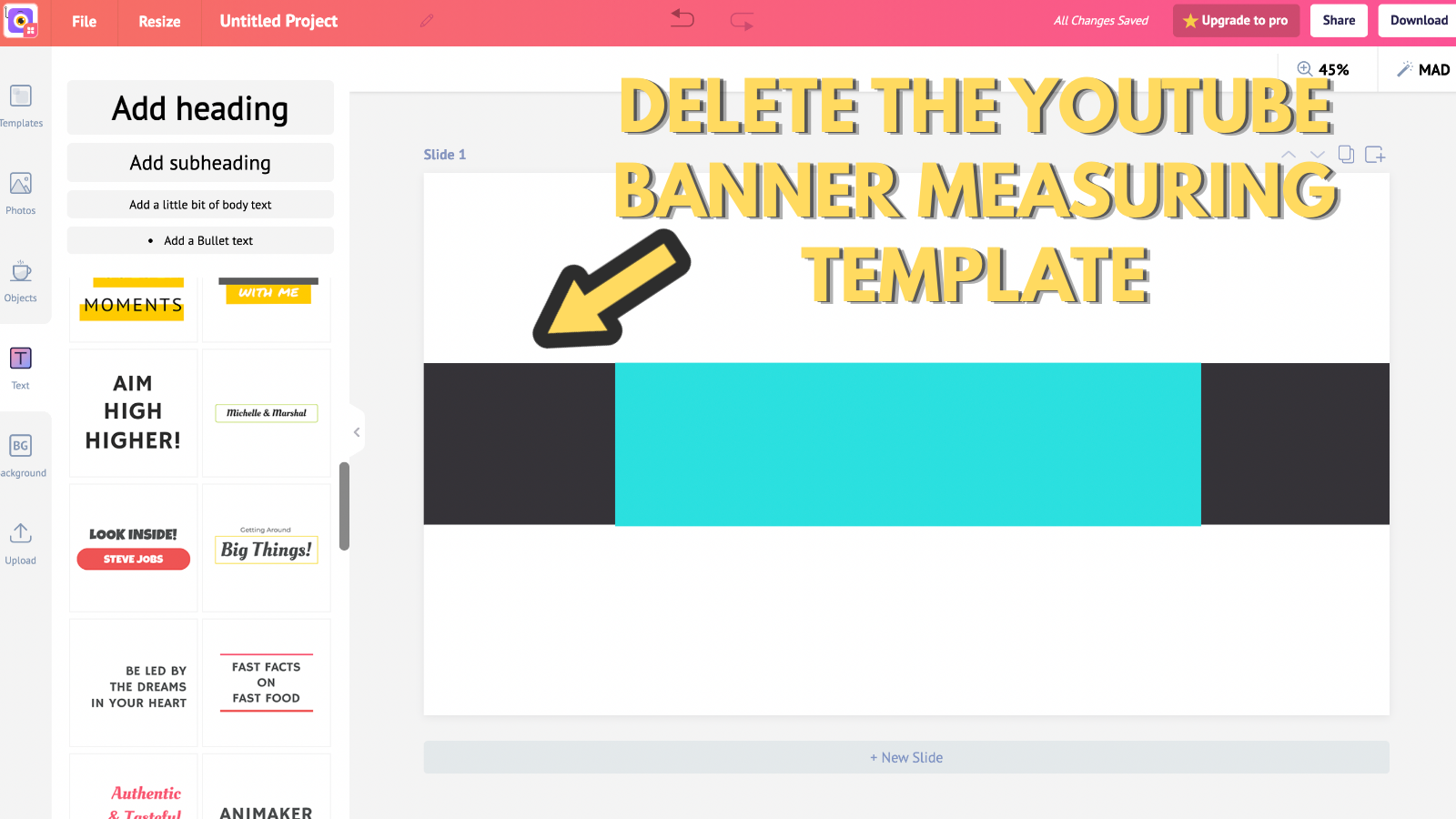 Screenshot that asks you to delete the youtube banner measuring template (to make YouTube banner)