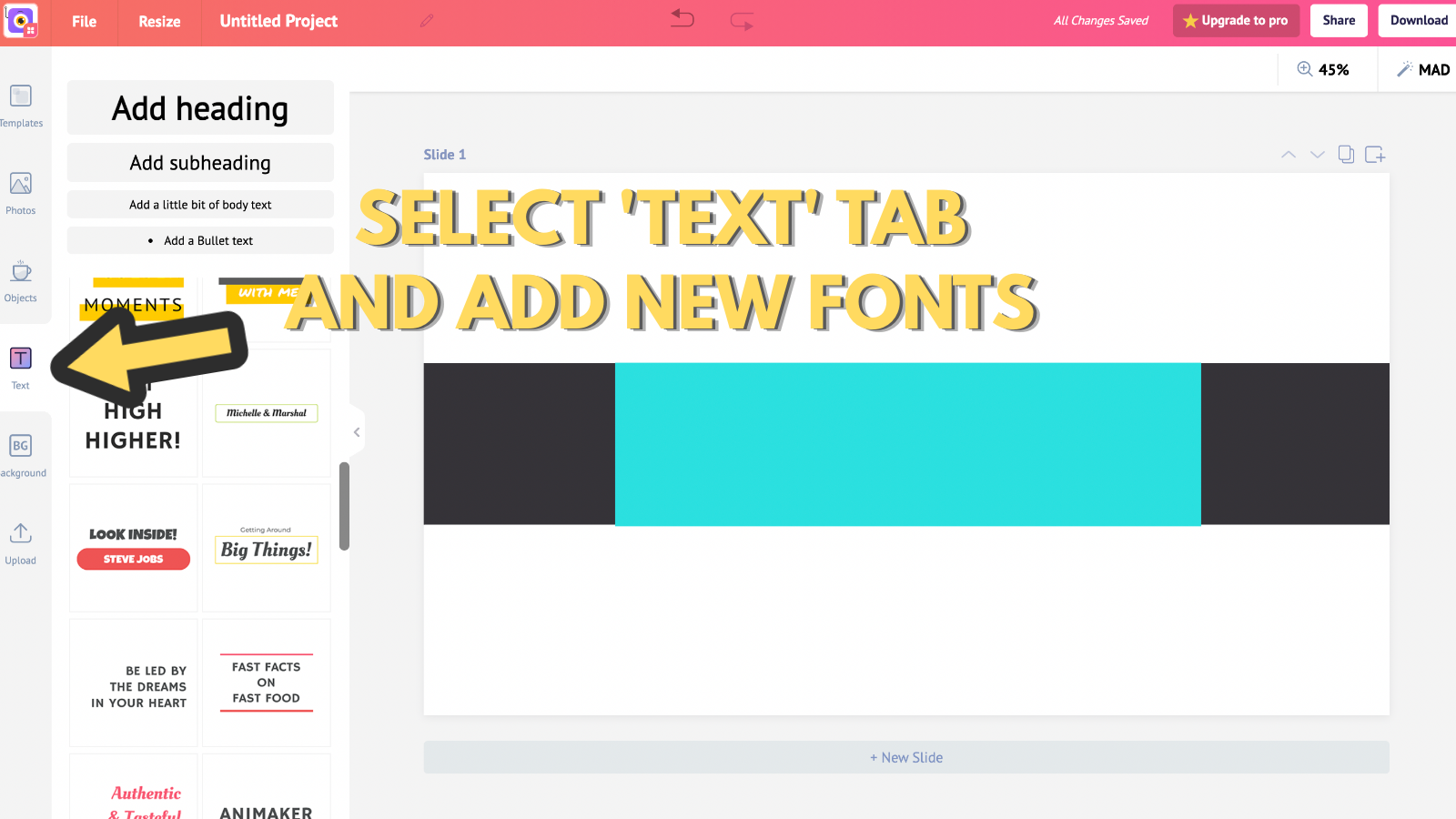 Screenshot that asks to select text tab and add new fonts (to make 2048 x 1152 YouTube banner)